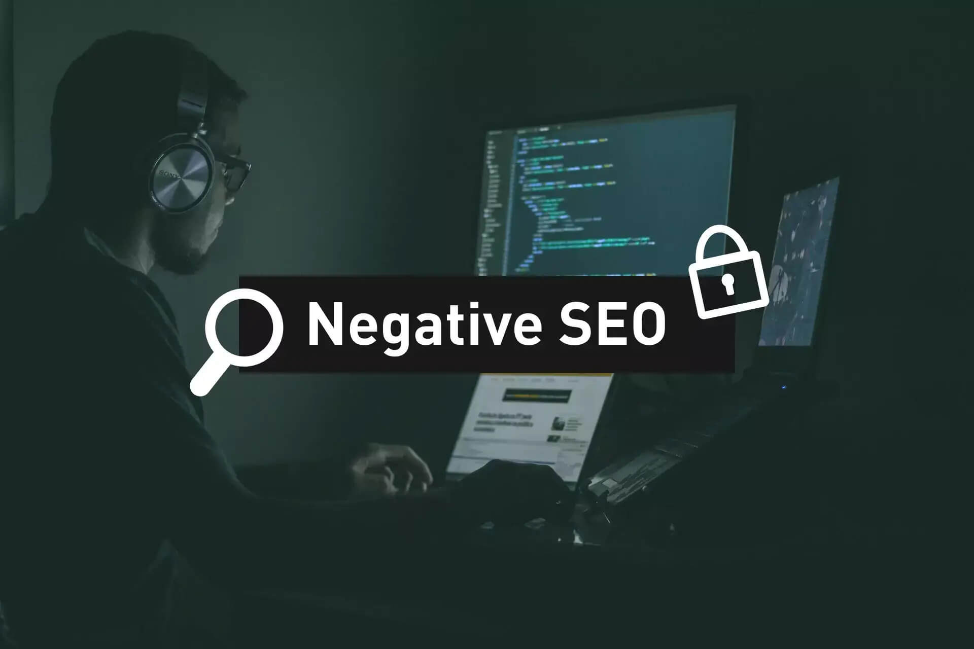 Le Negative SEO est une menace pour votre site web, avec pictogrammes de loupe et de cadenas - Lemon Interactive