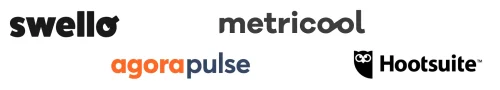 Logos de quatre outils de SMO (search media optimization) : Swello, Agorapulse, Metricool et Hootsuite