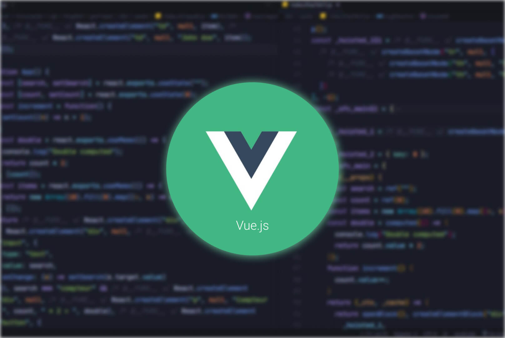 Image du logo Vue.js avec des lignes de codes de développement web en fond - Lemon Interactive