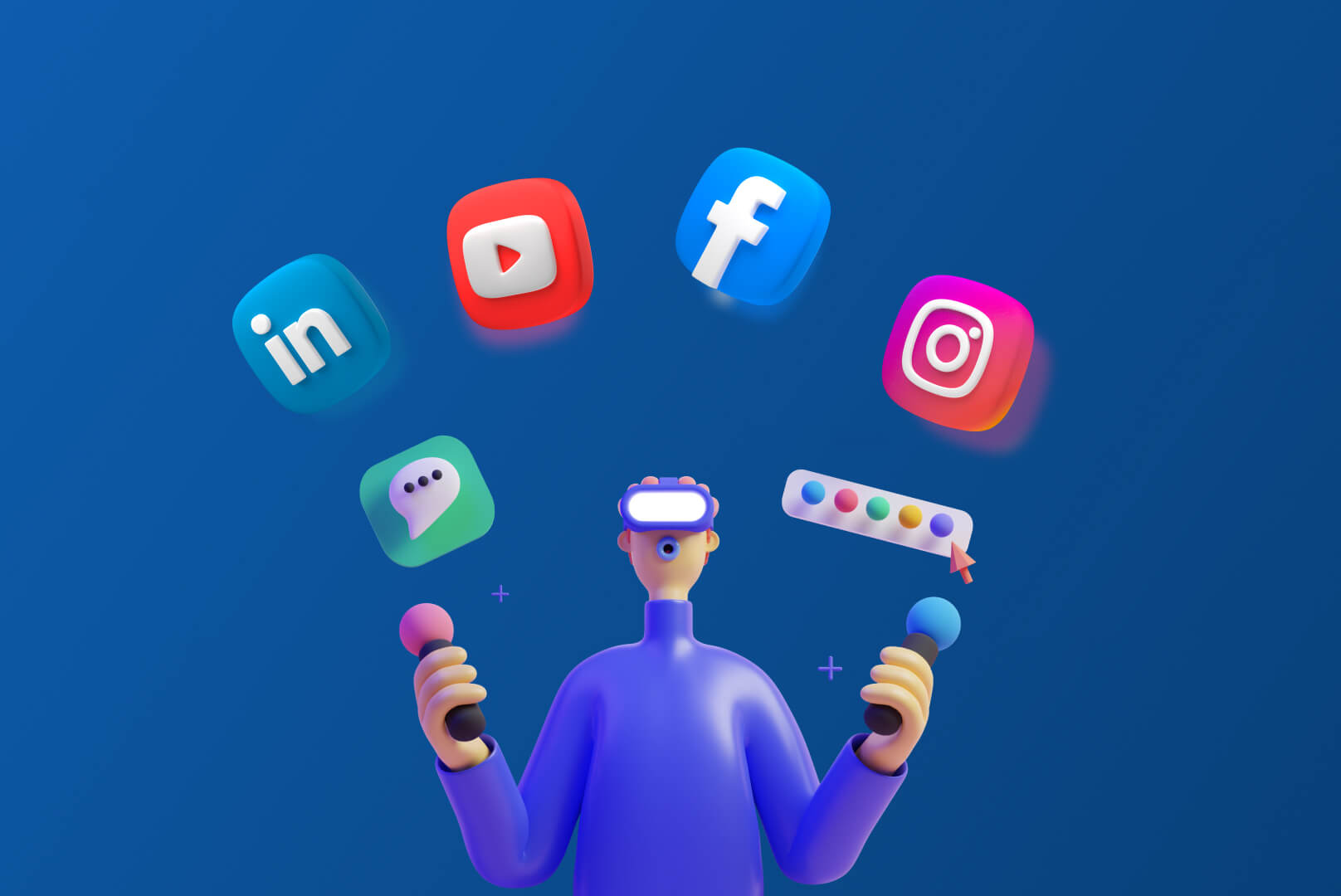 Illustration de réseaux sociaux autour d'un personnage illustré, LinkedIn, YouTube, Facebook, Instagram - Lemon Interactive