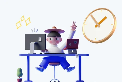 Personnage sur son ordinateur à côté d'une grande horloge pour planifier tous ses posts sur les réseaux sociaux
