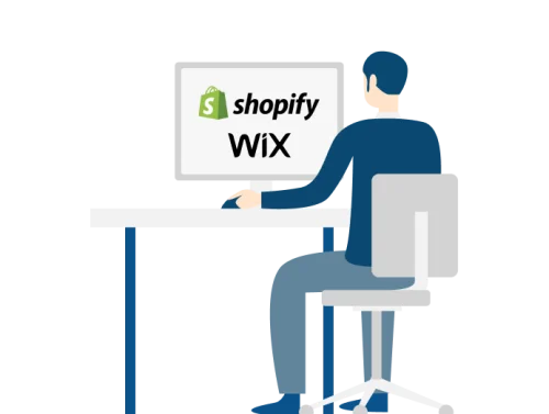 Illustration d'un personnage devant un ordinateur avec les logos de Shopify et Wix