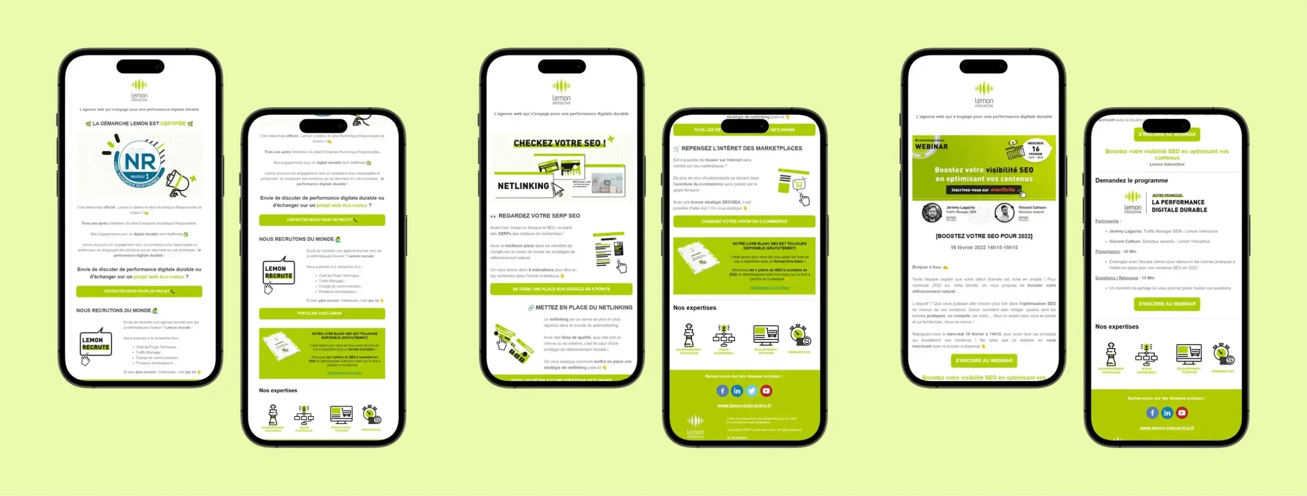 Trois exemples d'emails et newsletters de Lemon Interactive sur des mockups de smartphones
