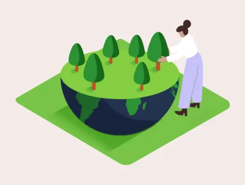 Illustration personnage plantant un arbre sur une planète, lançant une volonté d'éco-conception