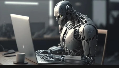 Image d'un robot massif surfant sur Internet depuis un ordinateur portable, représentation physique de chatGPT