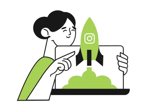 Illustration d'une fusée sortant d'un ordinateur avec le logo d'Instagram mettant en avant les opportunités d'être présent sur les réseaux sociaux