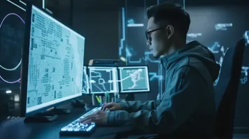 Image générée par une IA montrant un homme sur son ordinateur utilisant ChatGPT