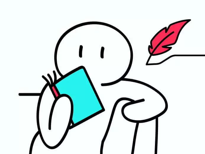 Illustration d'un bonhomme qui tient une livre avec une plume qui écrit pour sa ligne éditoriale TikTok entreprise