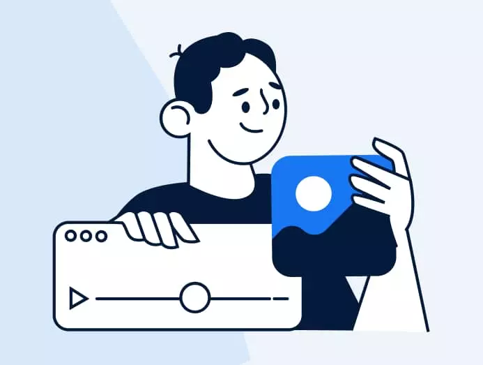 Illustration d'un homme qui tient un player vidéo dans une main et une icône de photo de publicité Facebook dans l'autre