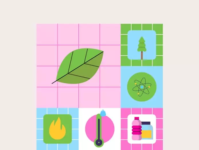 Illustration de plusieurs carrés avec une feuille, un arbre, des bouteilles plastiques, un thermomètre et un feu