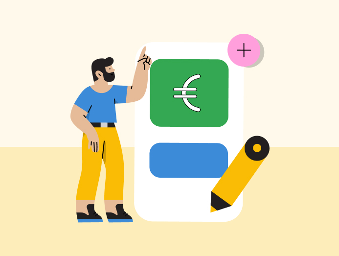 Illustration d'un homme et d'un écran d'une annonce Google Ads avec plusieurs blocs, notamment le sigle euro. 