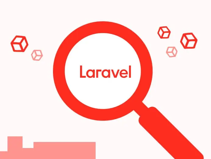Logo typographique du framework Laravel dans une loupe et entouré de cubes