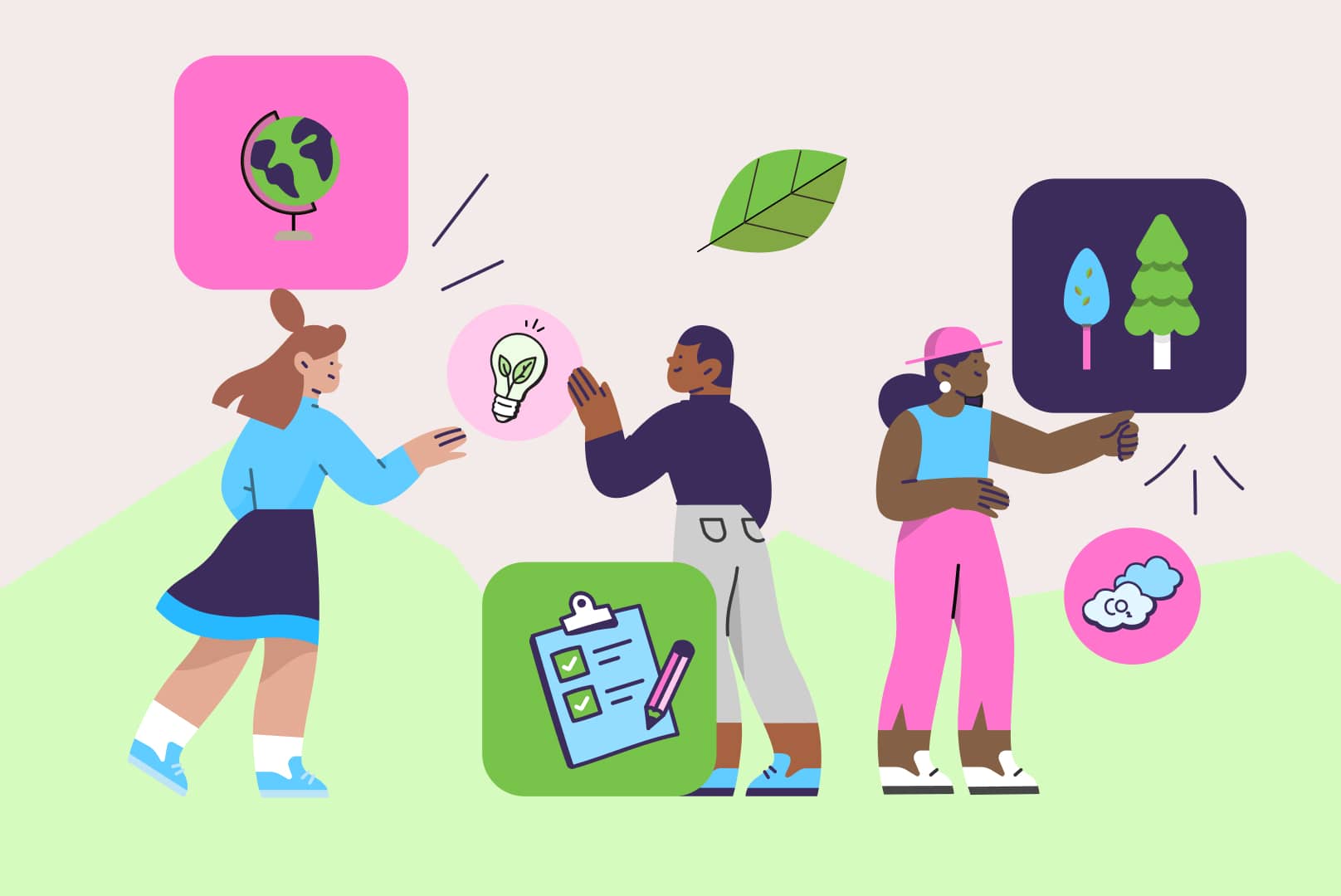 Illustration de 3 personnes avec une planète, une feuille et un bloc-notes de leur bilan carbone d'entreprise