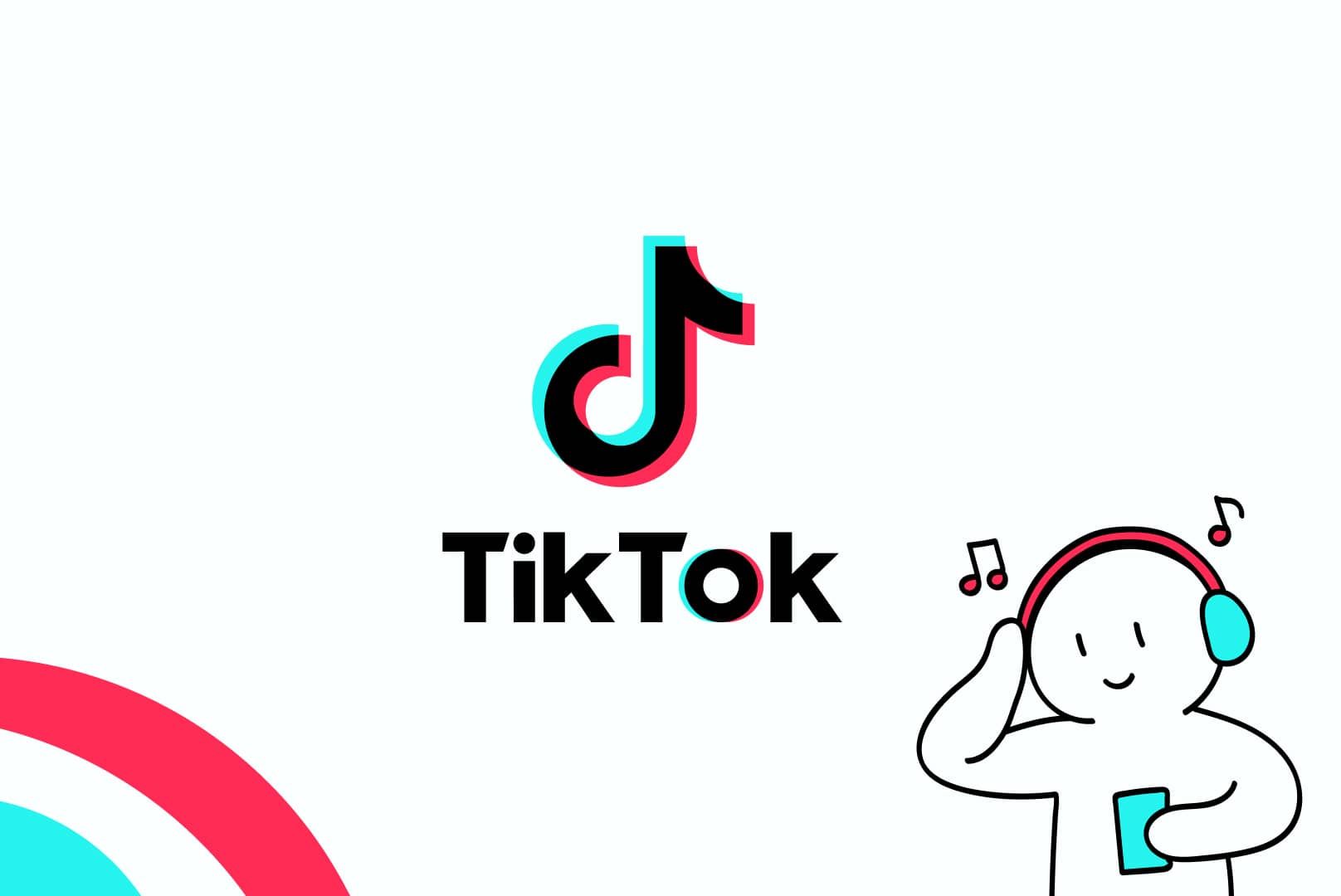 Illustration du logo de TikTok avec un petit bonhomme qui écoute de la musique avec un casque en regardant son téléphone d'entreprise