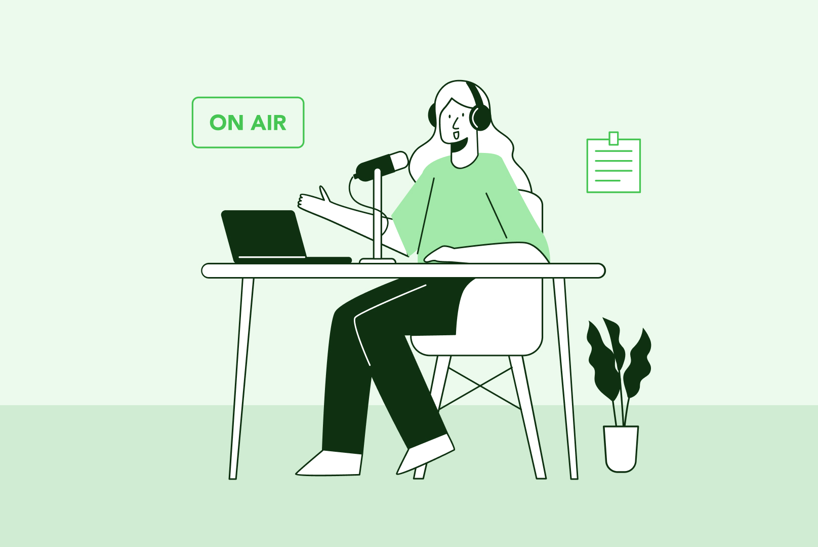 Illustration d'une femme assise à un bureau qui est en train d'enregistrer un podcast d'entreprise à l'aide d'un micro