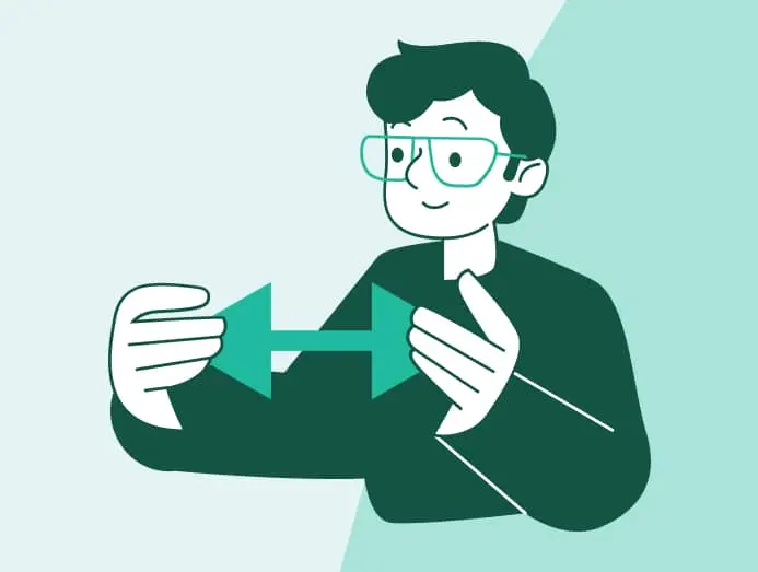 Illustration d'un jeune homme à lunettes qui tient une flèche à double sens dans ses mains