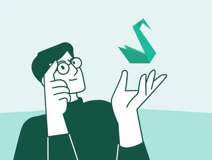 Illustration d'un homme avec un air interrogatif qui tient dans sa main le logo Sylius pour son e-commerce