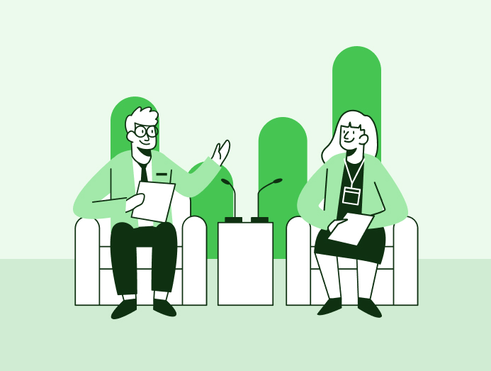 Illustration de 2 personnes assises sur des fauteuils qui parlent dans des micros de podcast pour leur entreprise
