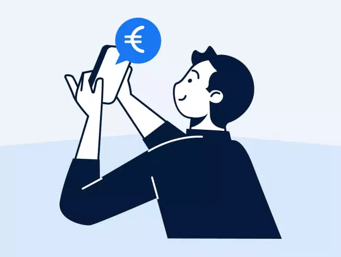 Illustration d'un homme qui tient son portable, avec le sigle euro dessus pour le prix de sa publicité Facebook