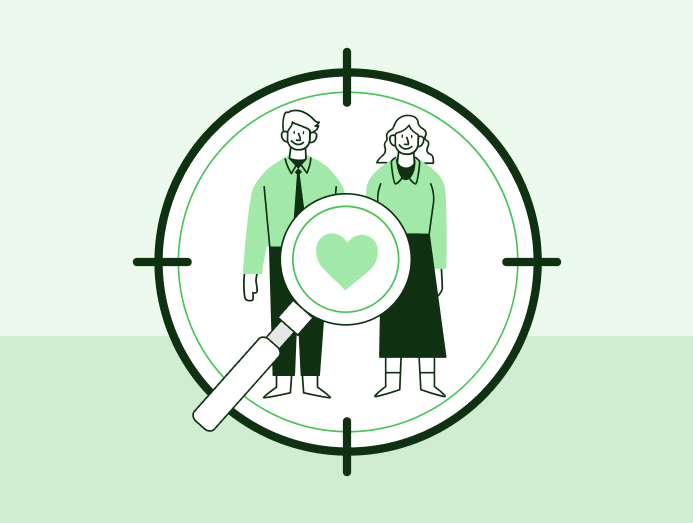 Illustration de 2 personnes dans un viseur avec une loupe et un cœur pour symboliser la cible d'un podcast d'entreprise