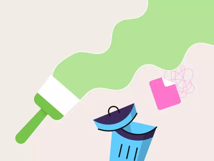 illustration d'un pinceau peignant un site éco-conçu plus vert et des documents dans une poubelle