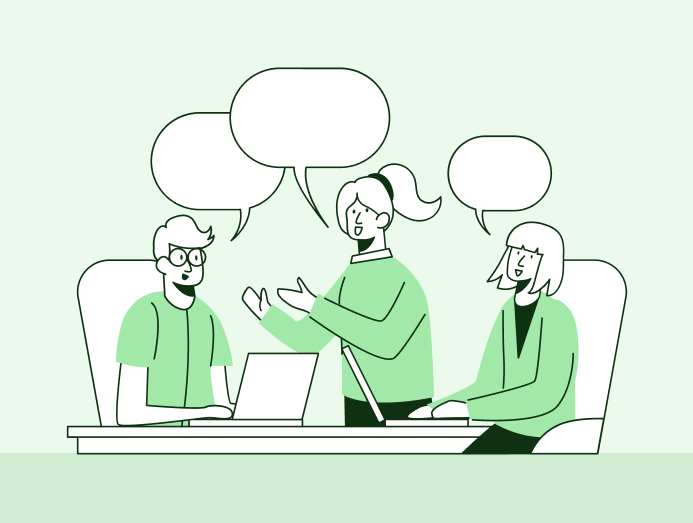 Illustration de 3 personnes qui discutent de leur podcast d'entreprise autour d'une table