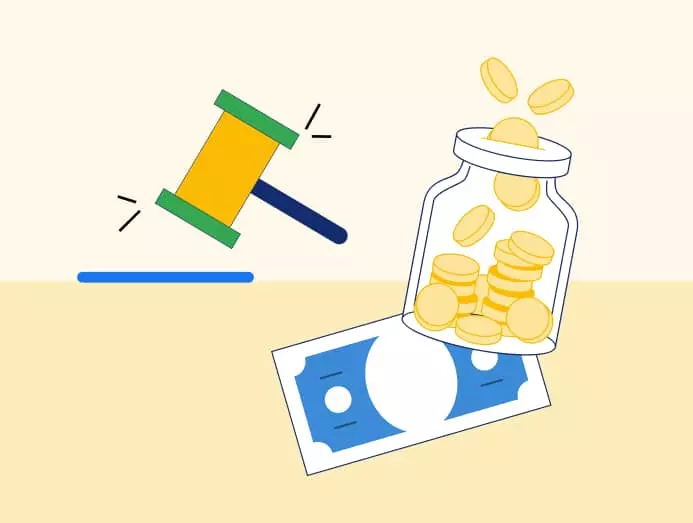 Illustration d'un marteau d'enchère pour déclarer une annonce Google Ads gagnée, d'un bocal rempli de pièces et d'un billet de banque