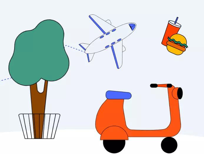 Illustration d'un arbre, d'un avion, d'un scooter et d'un hamburger