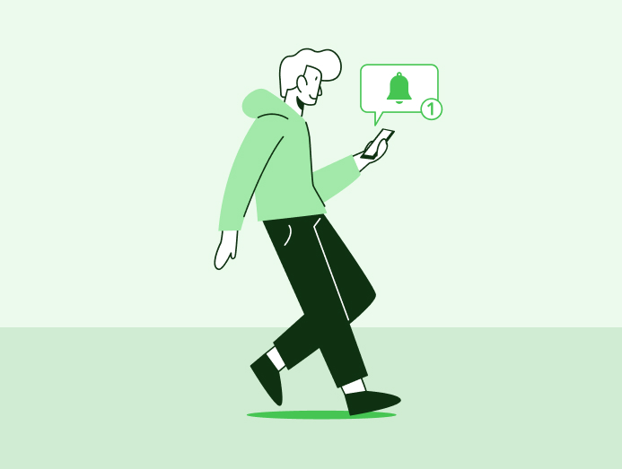 Illustration d'un jeune homme qui marche en regardant son téléphone qui a recevant une notification de podcast d'entreprise