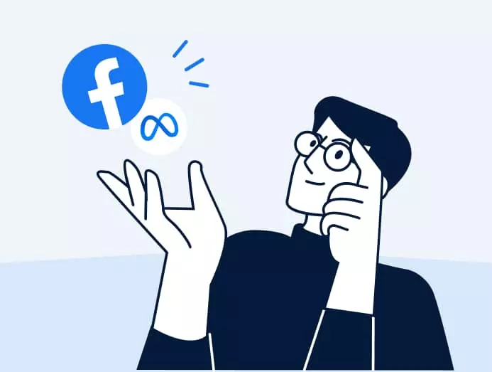 Illustration d'un homme à lunettes qui s'interroge en tenant dans sa main les logos de Facebook et Meta