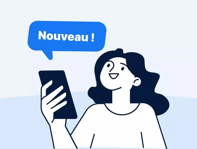Illustration d'une femme qui sourit tenant son portable avec une bulle où il est écrit "nouveau" juste au dessus de son téléphone