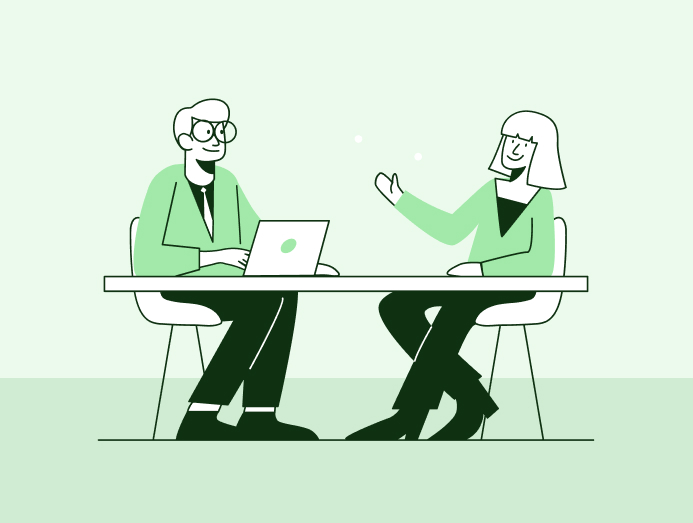 Illustration de deux personnes assises à une table, l'une d'elle tape sur un ordinateur, pour un entretien professionnel découvret grâce à un podcast d'entreprise