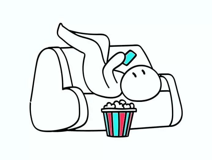 Illustration d'un bonhomme allongé sur un canapé regardant son téléphone sur TikTok avec son compte entreprise en mangeant du pop corn