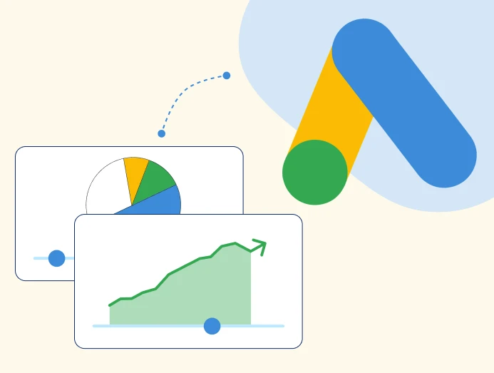 Logo de Google Ads avec des exemples de résultats de campagnes Performance max