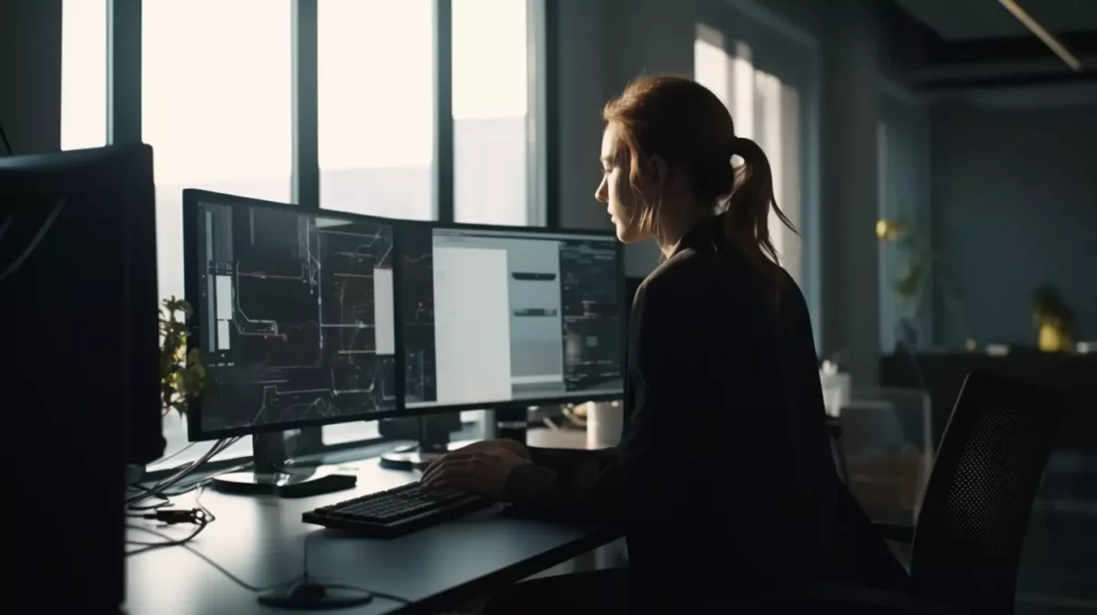 Photo d'une femme devant 3 écrans d'ordinateur posés sur un bureau, généré par une IA comme ChatGPT