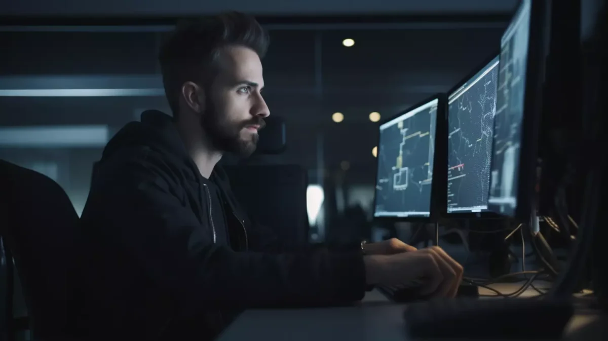 Photo sombre d'un homme devant 3 écrans d'ordinateur