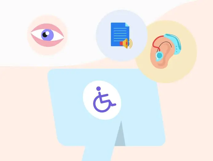 Illustration d'un ordinateur avec le pictogramme handicapé, entouré d'autres illustrations d'un œil, d'un document audio et d'une oreille avec appareil auditif