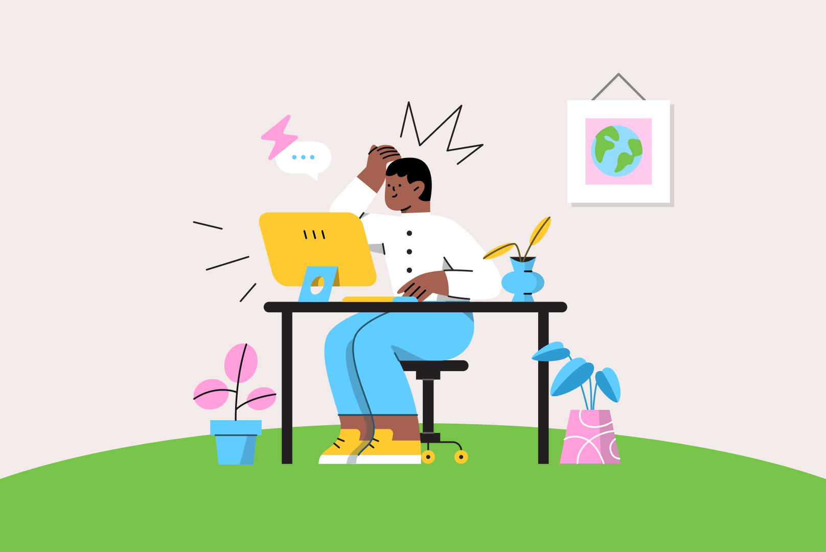 Illustration d'un personnage sur son ordinateur travaillant pour une agence web durable. Il a des plantes et un cadre à ses côtés.
