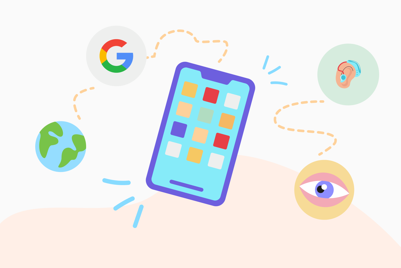 Illustration d'un smartphone avec le logo de Google, une oreille, un œil et la Terre