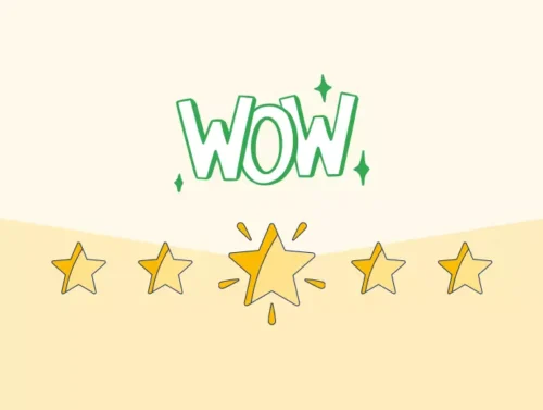 Illustration d'étoiles d'avis clients SEO de marketplace avec un "WOW".