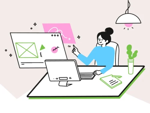 Illustration d'une femme sur son ordinateur, travaillant sur l'éco-conception d'un site web