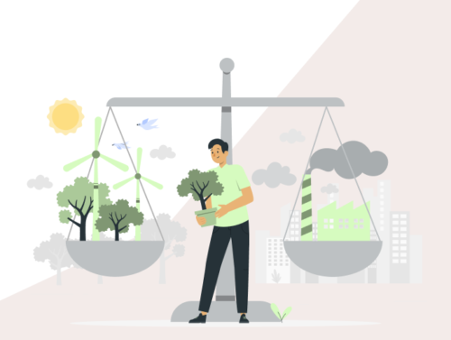 Illustration d'une entreprise éco-responsable avec une balance entre l'environnement et la production.