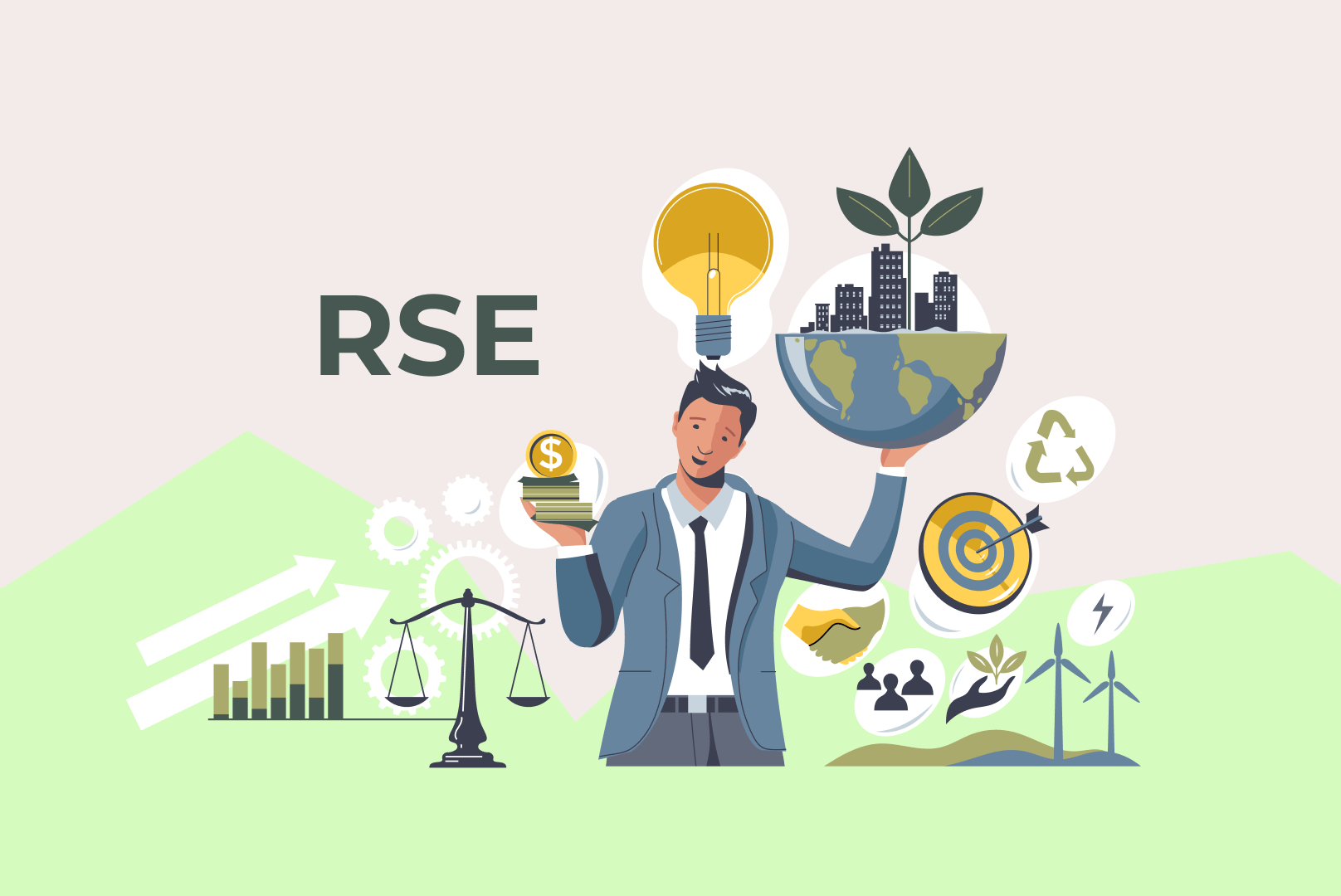 Illustration des réglementations sur l'écoconception avec un homme entouré d'éléments concernant la RSE.
