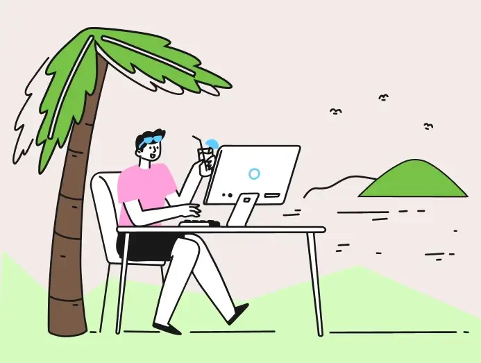 Illustration d'un homme devant son ordinateur à côté d'un palmier symbole du greenwashing à éviter