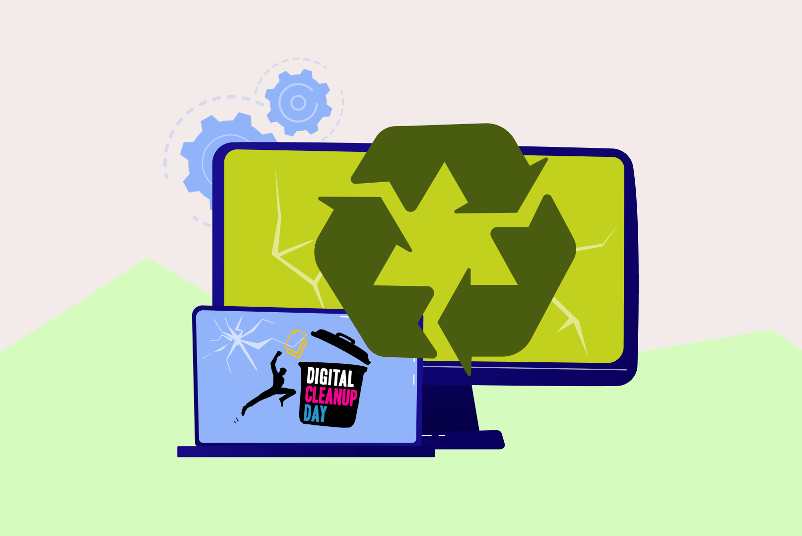 Illustration du Digital CleanUp Day avec deux ordinateurs cassés, le logo du recyclage et le logo de l'association Digital CleanUp Day.
