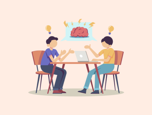 Illustration de deux personnes qui discutent avec un cerveau de psychologie cognitive au centre, concernant l'effet de leurre en UX.