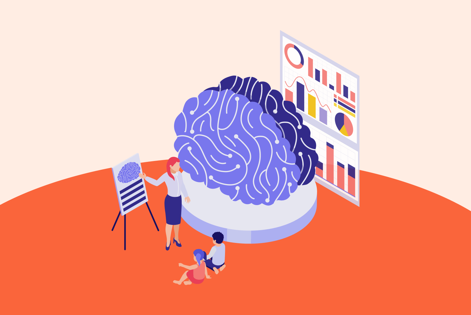 Illustration d'un cerveau et de personnes en psychologie cognitive UX qui l'étudie.