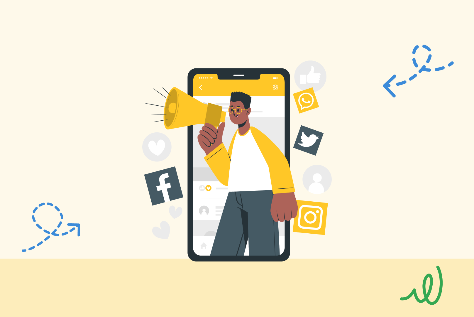 Illustration d'une personne dans un téléphone avec un haut-parleur qui fait de la publicité sur réseaux sociaux (Fond jaune).