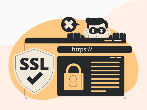 Illustration d'un hacker qui attaque un site WordPress qui n'utilise pas de certificat SSL (logo de protection SSL).