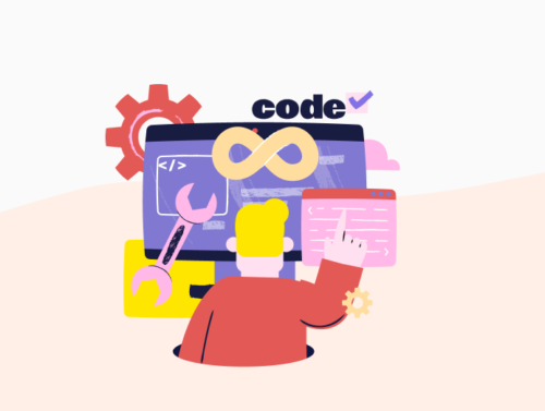 Illustration d'un homme devant un ordinateur montrant une surcharge de code à cause de framework web.